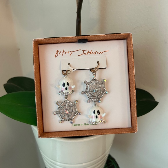 Betsey Johnson Jewelry - Betsey Johnson NIB Glow in the Dark Ghost and Bedazzled Spiderweb Earrings